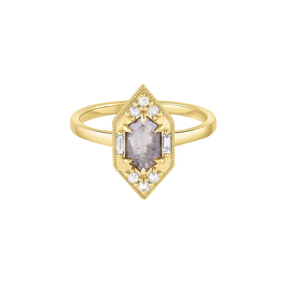 Hexagon rose cut gray diamond ring with halo
